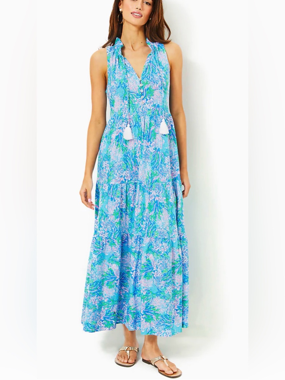 Lilly Pulitzer MALONE MAXI DRESS, LAS OLAS AQUA STRONG CURRENT SEA Size Med